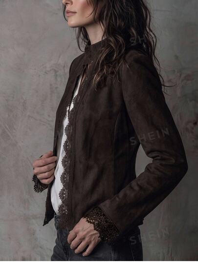Solivie Women's Fashion Vintage Retro 70s Elegant Lace Trim Jacket Work Night Out Outfits Autumn Fall Clothes Winter Coat Shades Of Brown Suede