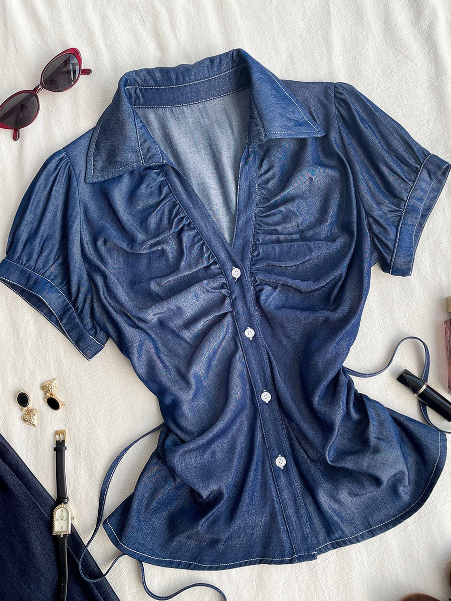 Attitoon Women's Pleated Casual Versatile Daily Wear Shirt - Blue - View 1