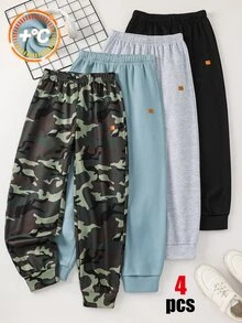 SHEIN 4件組買2送2兒童青少年男孩休閒百搭運動長褲套裝，迷彩運動褲、麻灰運動褲、霧藍運動褲、黑色運動褲，適合秋冬、學校、家庭聚會、運動，秋季穿搭，冬季穿搭 - 彩色 - 查看 4