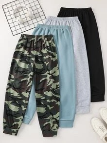 SHEIN 4件組買2送2兒童青少年男孩休閒百搭運動長褲套裝，迷彩運動褲、麻灰運動褲、霧藍運動褲、黑色運動褲，適合秋冬、學校、家庭聚會、運動，秋季穿搭，冬季穿搭 - 彩色 - 查看 5