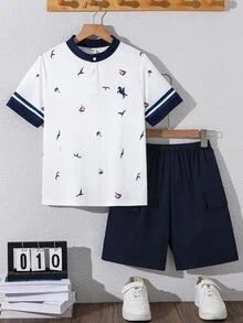 SHEIN 2件組 青少年男孩白色夏季復古家庭套裝，白色領 Polo 衫配小島印花，海軍藍短褲，休閒舒適穿搭 - 白色 - 查看 4