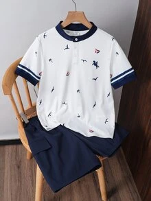 SHEIN 2件組 青少年男孩白色夏季復古家庭套裝，白色領 Polo 衫配小島印花，海軍藍短褲，休閒舒適穿搭 - 白色 - 查看 6