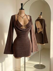 Soleia Women's Casual Vacation Knit Coffee Color Mesh Cover-Up Mini Dress, Fashionable & Sexy - Coffee - View 11