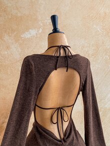Soleia Women's Casual Vacation Knit Coffee Color Mesh Cover-Up Mini Dress, Fashionable & Sexy - Coffee - View 5