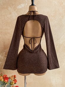 Soleia Women's Casual Vacation Knit Coffee Color Mesh Cover-Up Mini Dress, Fashionable & Sexy - Coffee - View 6
