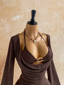 Soleia Women's Casual Vacation Knit Coffee Color Mesh Cover-Up Mini Dress, Fashionable & Sexy - Coffee - View 7