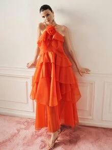 BELROSIE 夏季橘色/焦橘色女款大蓬感歐根紗層次荷葉邊設計 3D花卉掛脖露背洋裝 浪漫飄逸層次蛋糕裙襬 精緻優雅 海灘派對秀場元素 重工婚禮度假法式風百搭 - 橘色 - 查看 7