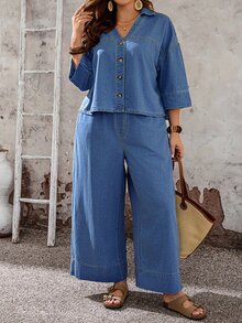 EMERY ROSE EMERY ROSE 大尺碼度假休閒 1960s 90s 上衣與牛仔褲 2 件套 正式派對 藍色 夏季 - 中等水洗藍 - 查看 6
