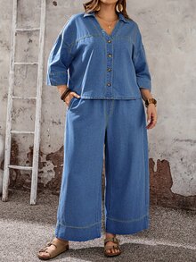 EMERY ROSE EMERY ROSE 大尺碼度假休閒 1960s 90s 上衣與牛仔褲 2 件套 正式派對 藍色 夏季 - 中等水洗藍 - 查看 4