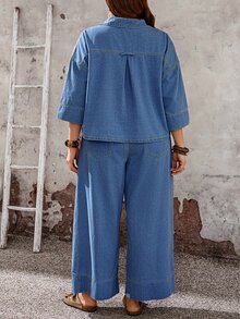 EMERY ROSE EMERY ROSE 大尺碼度假休閒 1960s 90s 上衣與牛仔褲 2 件套 正式派對 藍色 夏季 - 中等水洗藍 - 查看 3