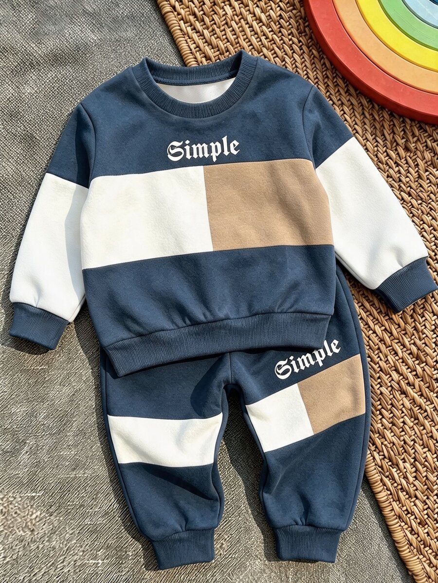 2pcs Young Boys Sweatshirt Sets Sporty Navy White Khaki Contrast Color Letter Print Long Sleeve Loose Crew Neck School Fall Tops Cute - Multicolor - View 1