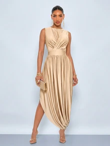 SOLERSUN Women's Summer High-End High-Waist Cinched Waist Apricot Fitted Slim Long Dress - Khaki - View 6