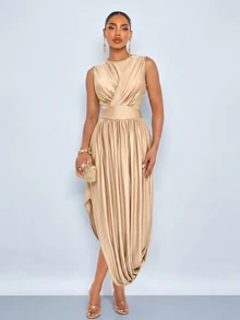 SOLERSUN Women's Summer High-End High-Waist Cinched Waist Apricot Fitted Slim Long Dress - Khaki - View 5