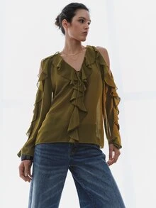 MOTF PREMIUM FRENCH STYLE RUFFLE TRIM LOOSE COLD SHOULDER TOP - Green - View 7