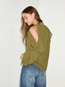 MOTF PREMIUM FRENCH STYLE RUFFLE TRIM LOOSE COLD SHOULDER TOP - Green - View 4