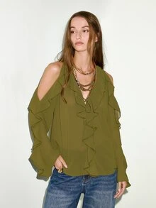 MOTF PREMIUM FRENCH STYLE RUFFLE TRIM LOOSE COLD SHOULDER TOP - Green - View 2