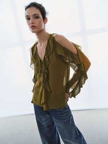 MOTF PREMIUM FRENCH STYLE RUFFLE TRIM LOOSE COLD SHOULDER TOP - Green - View 6
