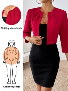 Shapeblank 大尺碼女款秋季鏤空服飾 感恩節女裝商務休閒 秋季服飾 冬季新款時尚優雅通勤辦公純紅色3/4袖短版西裝外套女款西裝 - 紅色 - 查看 1