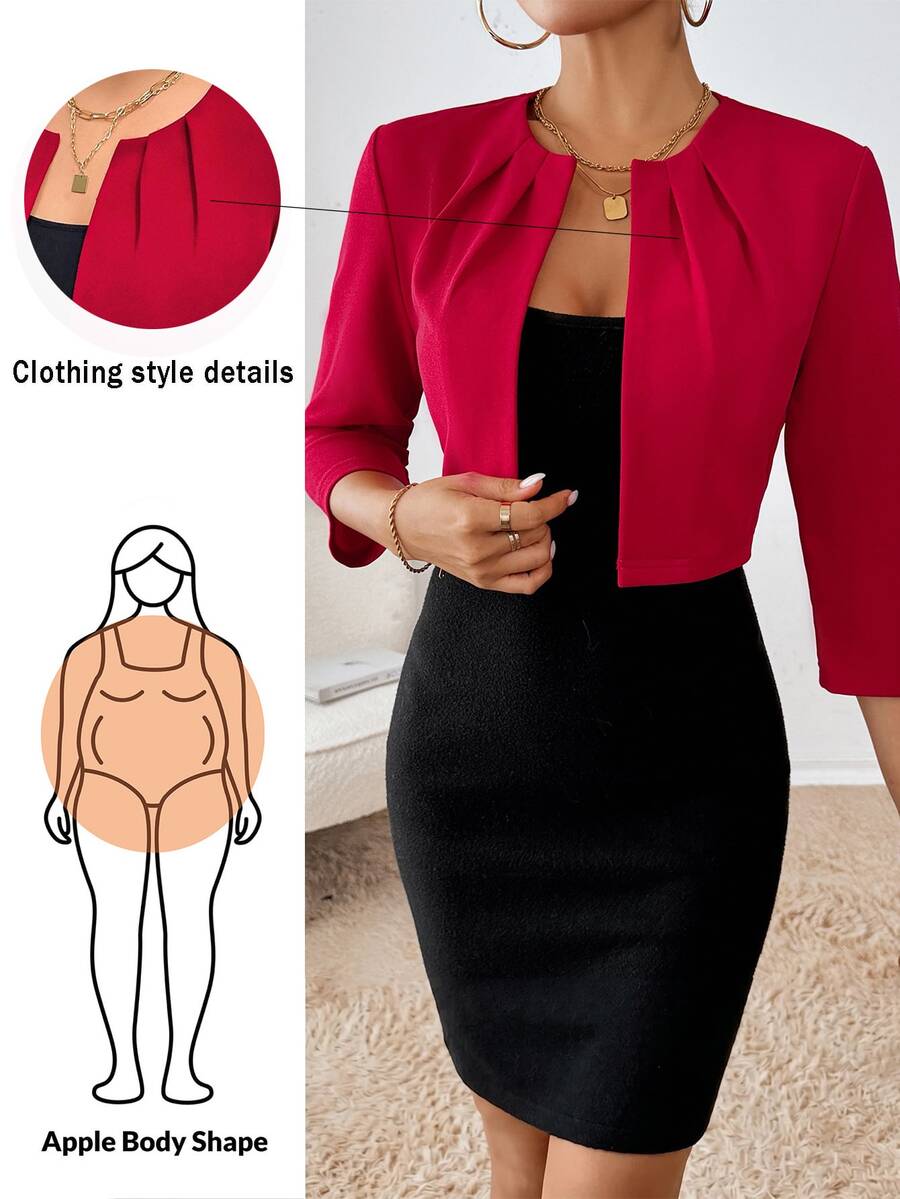 Shapeblank 大尺碼女款秋季鏤空服飾 感恩節女裝商務休閒 秋季服飾 冬季新款時尚優雅通勤辦公純紅色3/4袖短版西裝外套女款西裝 - 紅色 - 查看 1