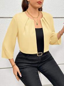 SHEIN Essnce 大码女装秋季镂空服装感恩节女装商务休闲女装秋季女装秋冬新款时尚优雅通勤办公纯色红色七分袖短款夹克外套西装女装 - 淡黃色 - 查看 1
