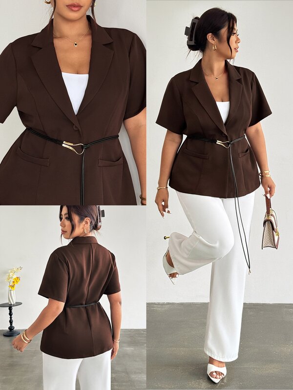 Firerie Plus Size Women Solid Color Lapel NeckShort Sleeve Single-Breasted Casual Blazer For Business Outfits Office Professional Clothes Wear Fall/Winter