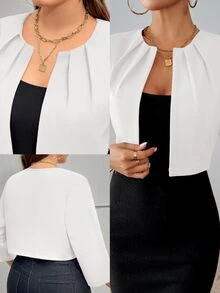 SHEIN Essnce 大码女装秋季镂空服装感恩节女装商务休闲女装秋季女装秋冬新款时尚优雅通勤办公纯色红色七分袖短款夹克外套女士西装外套 - 白色 - 查看 3
