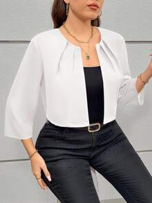 SHEIN Essnce 大码女装秋季镂空服装感恩节女装商务休闲女装秋季女装秋冬新款时尚优雅通勤办公纯色红色七分袖短款夹克外套女士西装外套 - 白色 - 查看 7