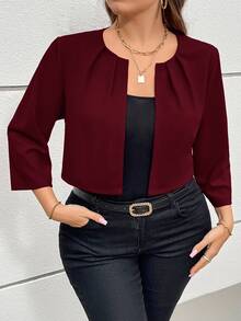 SHEIN Essnce 大码女式秋季镂空服装感恩节商务休闲秋冬新款时尚优雅通勤办公纯色红色七分袖西装外套 - 玫瑰紅 - 查看 5