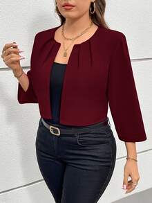 SHEIN Essnce 大码女式秋季镂空服装感恩节商务休闲秋冬新款时尚优雅通勤办公纯色红色七分袖西装外套 - 玫瑰紅 - 查看 4