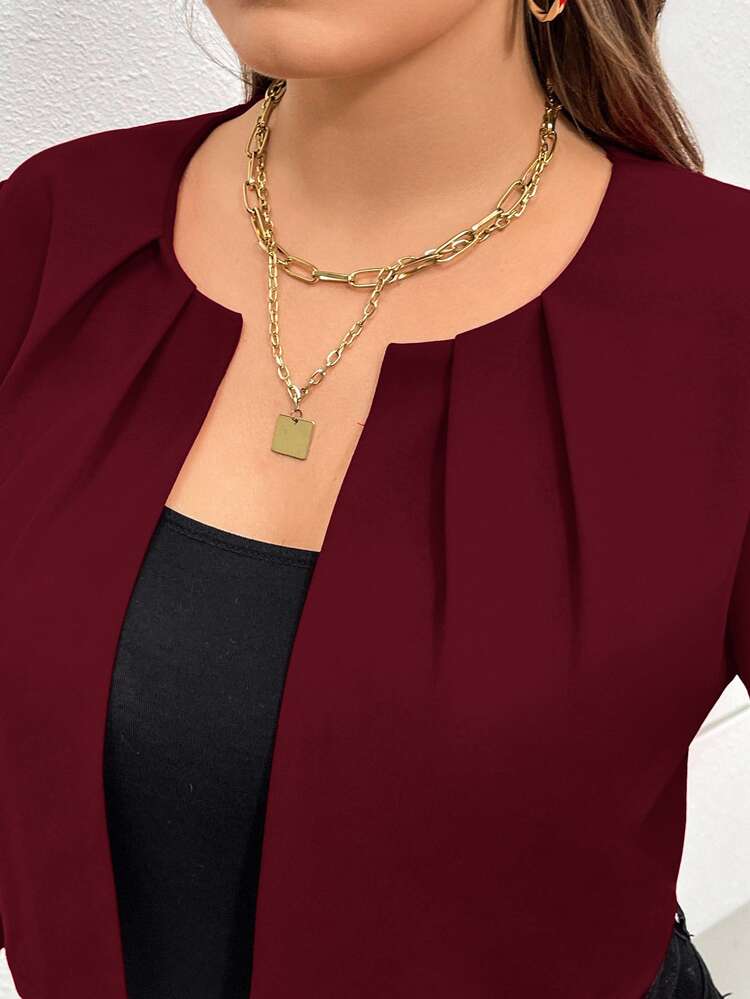 SHEIN Essnce Plus Size Women's Autumn Elegant Formal Burgundy Blazer,Fashionable Solid Color 7-Quarter Sleeve Office Work Commuting Business Casual Fall Costumes - Rose Red - View 8