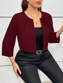 SHEIN Essnce 大码女式秋季镂空服装感恩节商务休闲秋冬新款时尚优雅通勤办公纯色红色七分袖西装外套 - 玫瑰紅 - 查看 2