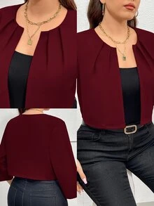 SHEIN Essnce 大码女式秋季镂空服装感恩节商务休闲秋冬新款时尚优雅通勤办公纯色红色七分袖西装外套 - 玫瑰紅 - 查看 6
