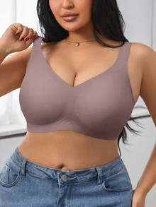 SHEIN 1件女款極簡舒適純色果凍膠強支撐不可拆卸胸墊深V領大尺碼無鋼圈內衣 - 淺灰紫 - 查看 9