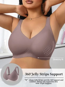 SHEIN 1件女款極簡舒適純色果凍膠強支撐不可拆卸胸墊深V領大尺碼無鋼圈內衣 - 淺灰紫 - 查看 4