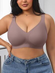 SHEIN 1件女款極簡舒適純色果凍膠強支撐不可拆卸胸墊深V領大尺碼無鋼圈內衣 - 淺灰紫 - 查看 8