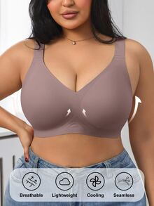 SHEIN 1件女款極簡舒適純色果凍膠強支撐不可拆卸胸墊深V領大尺碼無鋼圈內衣 - 淺灰紫 - 查看 5