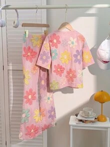 女童休閒簡約卡通圖案圓領短袖上衣與喇叭褲兩件套，適合夏季 - 彩色 - 查看 4