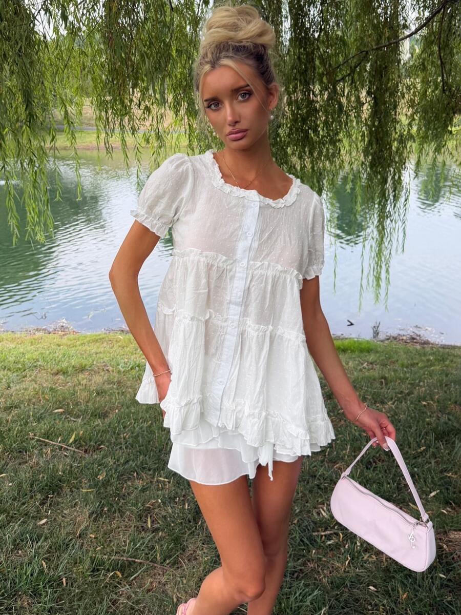 Sydney Algeri Women's White Square Collar Ruffle Trim Loose Casual Blouse With Puff Sleeves, Flattering Summer - White - View 1