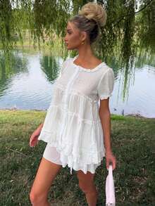 Sydney Algeri Women's White Square Collar Ruffle Trim Loose Casual Blouse With Puff Sleeves, Flattering Summer - White - View 5
