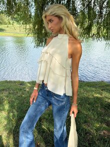 Sydney Algeri Halter Neck Ruffled Cake Chiffon Blouse Beach Vacation, Summer Holiday, Tropical, Resort Wear, - Beige - View 6