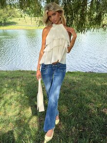 Sydney Algeri Halter Neck Ruffled Cake Chiffon Blouse Beach Vacation, Summer Holiday, Tropical, Resort Wear, - Beige - View 7