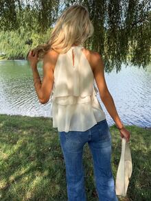 Sydney Algeri Halter Neck Ruffled Cake Chiffon Blouse Beach Vacation, Summer Holiday, Tropical, Resort Wear, - Beige - View 3