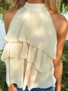 Sydney Algeri Halter Neck Ruffled Cake Chiffon Blouse Beach Vacation, Summer Holiday, Tropical, Resort Wear, - Beige - View 4