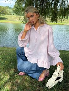 Sydney Algeri Blus Kasual Musim Panas Wanita Motif Garis-garis Lengan Panjang Longgar dengan Hiasan Renda, Warna Pink - Berwarna merah muda - View 4