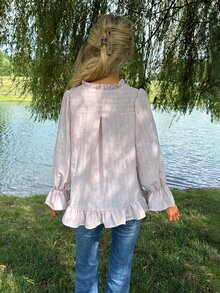 Sydney Algeri Blus Kasual Musim Panas Wanita Motif Garis-garis Lengan Panjang Longgar dengan Hiasan Renda, Warna Pink - Berwarna merah muda - View 2