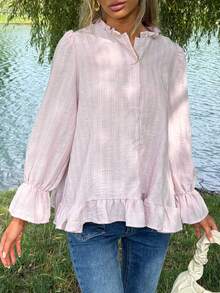Sydney Algeri Blus Kasual Musim Panas Wanita Motif Garis-garis Lengan Panjang Longgar dengan Hiasan Renda, Warna Pink - Berwarna merah muda - View 5