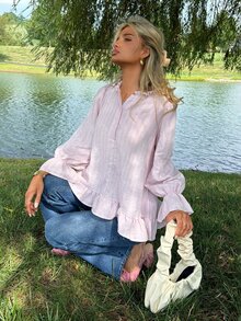 Sydney Algeri Blus Kasual Musim Panas Wanita Motif Garis-garis Lengan Panjang Longgar dengan Hiasan Renda, Warna Pink - Berwarna merah muda - View 3