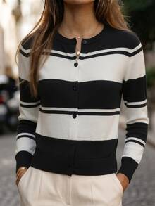 SHEIN PariChic Women's Colorblock Single-Breasted Casual Versatile Daily Cardigan - Black and White - View 3