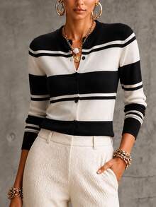 SHEIN PariChic Women's Colorblock Single-Breasted Casual Versatile Daily Cardigan - Black and White - View 5