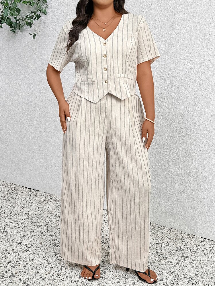 SHEIN Frenchy Plus Size Spring/Summer Casual Minimalist Versatile Striped 2 Pieces Suit Set, Women Blazer + Pants In Fall/Winter - Apricot - View 4